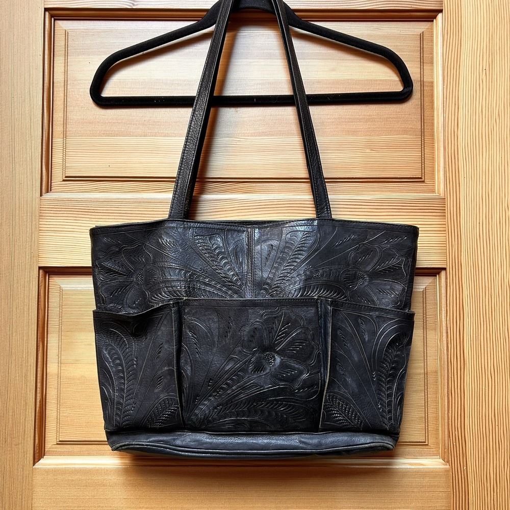 VTG LEADERS IN LEATHER Black Tooled Leather Purse Bag Tote Western Boho Cowgirl